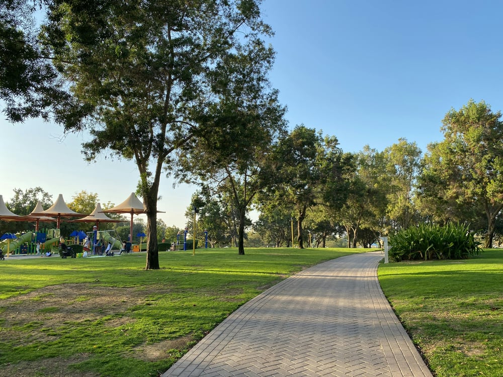 A sunny urban park in Dubai, featuring a winding paved path, lush green lawns, and tall trees. A children's playground with distinctive beige shade structures is visible on the left.