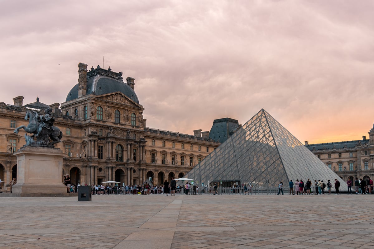 Alt text: Louvre Museum courtyard at sunset, featuring the iconic glass Louvre Pyramid and the classical Parisian architecture of the museum building under a warm sky, with visitors present.