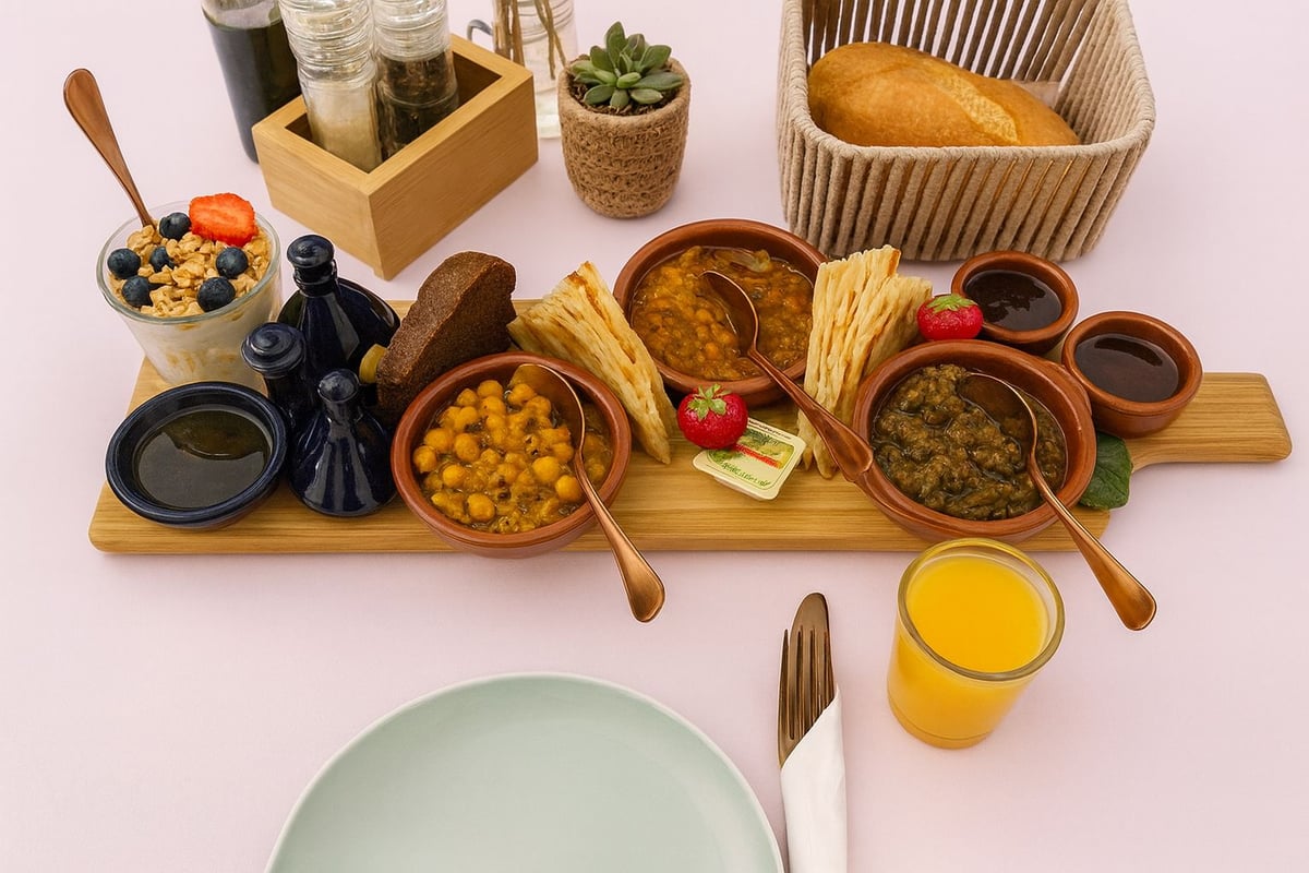 Vegan platter with hummus, chickpea curry, lentil curry, fruit, bread, and juice on a wooden board.