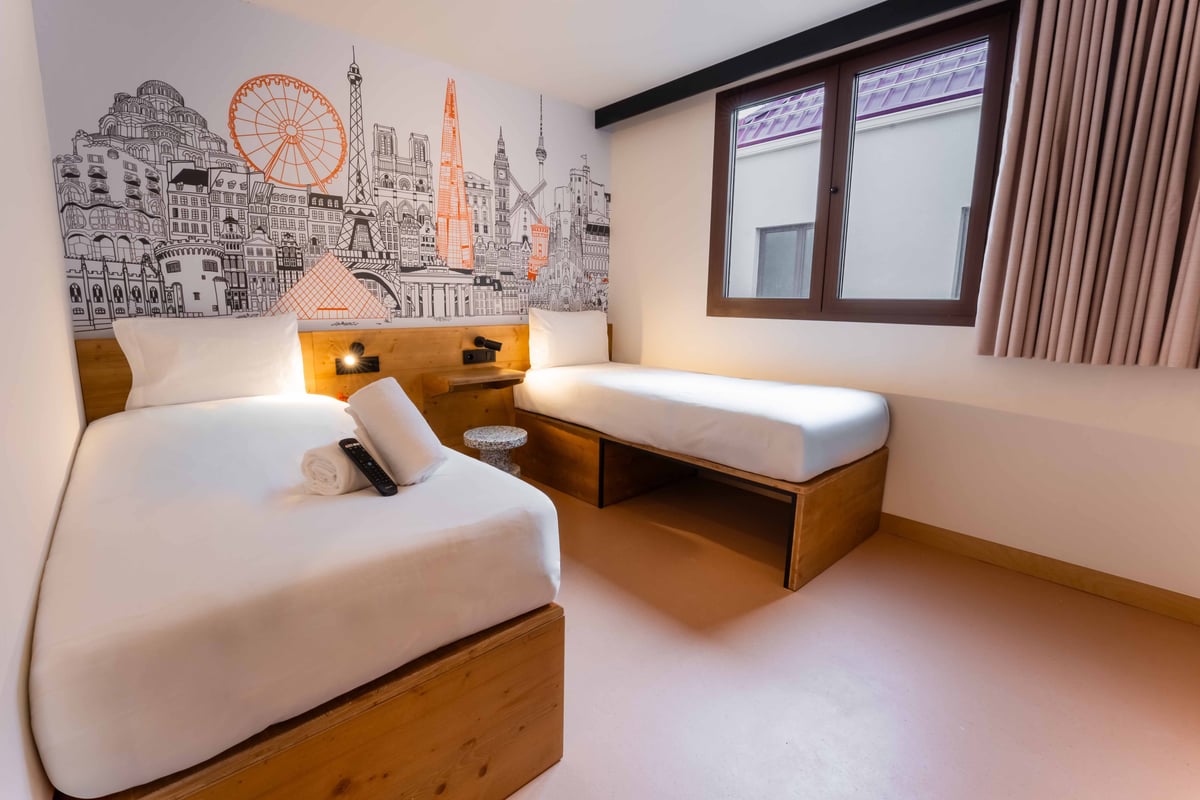 EasyHotel Valencia Ciutat Vella twin room with two single beds, white linens, and a city skyline mural.