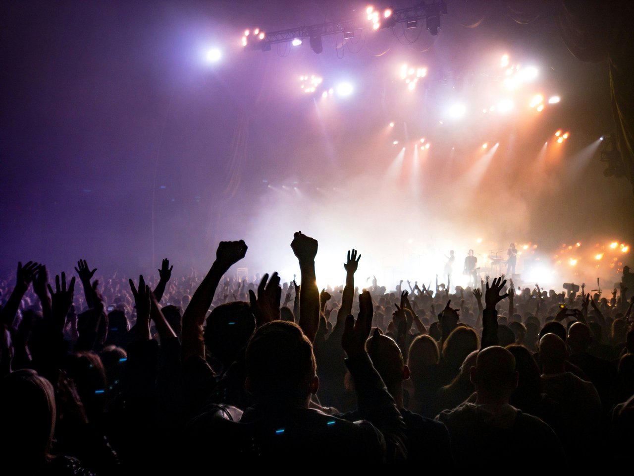 Concert crowd with raised hands at a live music event, illuminated by stage lights.
