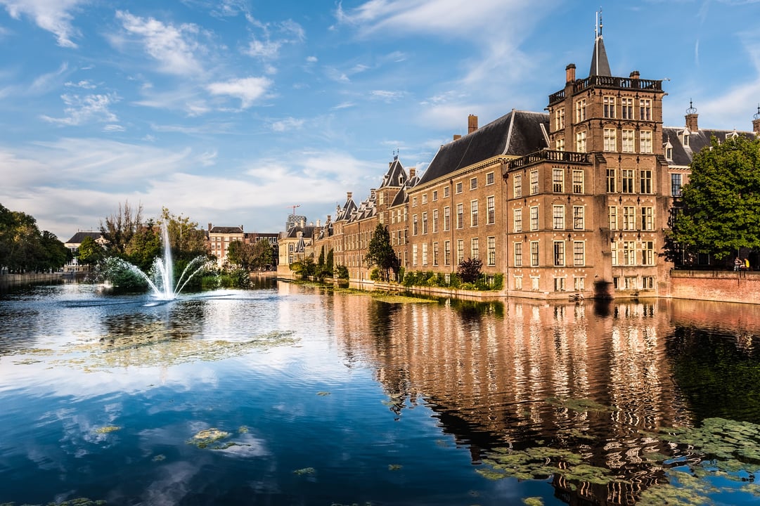 Historic Binnenhof parliament buildings in The Hague, Netherlands, reflected in the Hofvijver pond with a prominent fountain under a bright blue sky.