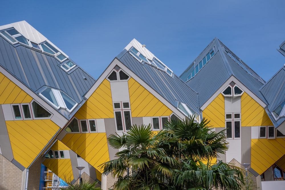 Unique yellow and grey Cube Houses (Kubuswoningen) in Rotterdam, Netherlands, featuring distinctive tilted architecture against a clear blue sky with green palm foliage in the foreground.