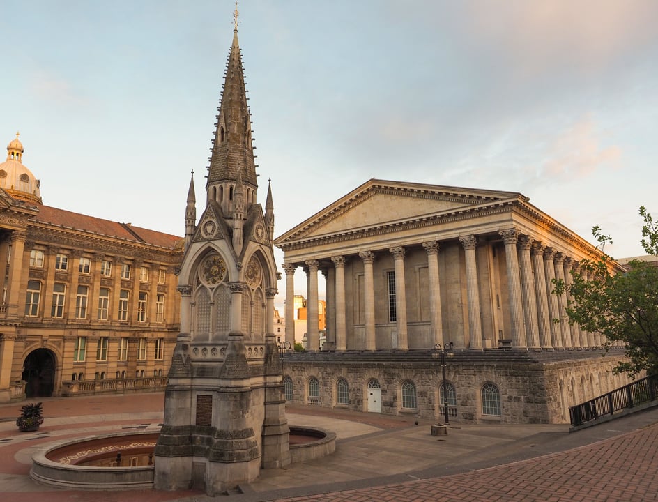 Birmingham Town Hall and Chamberlain Square in Birmingham, UK