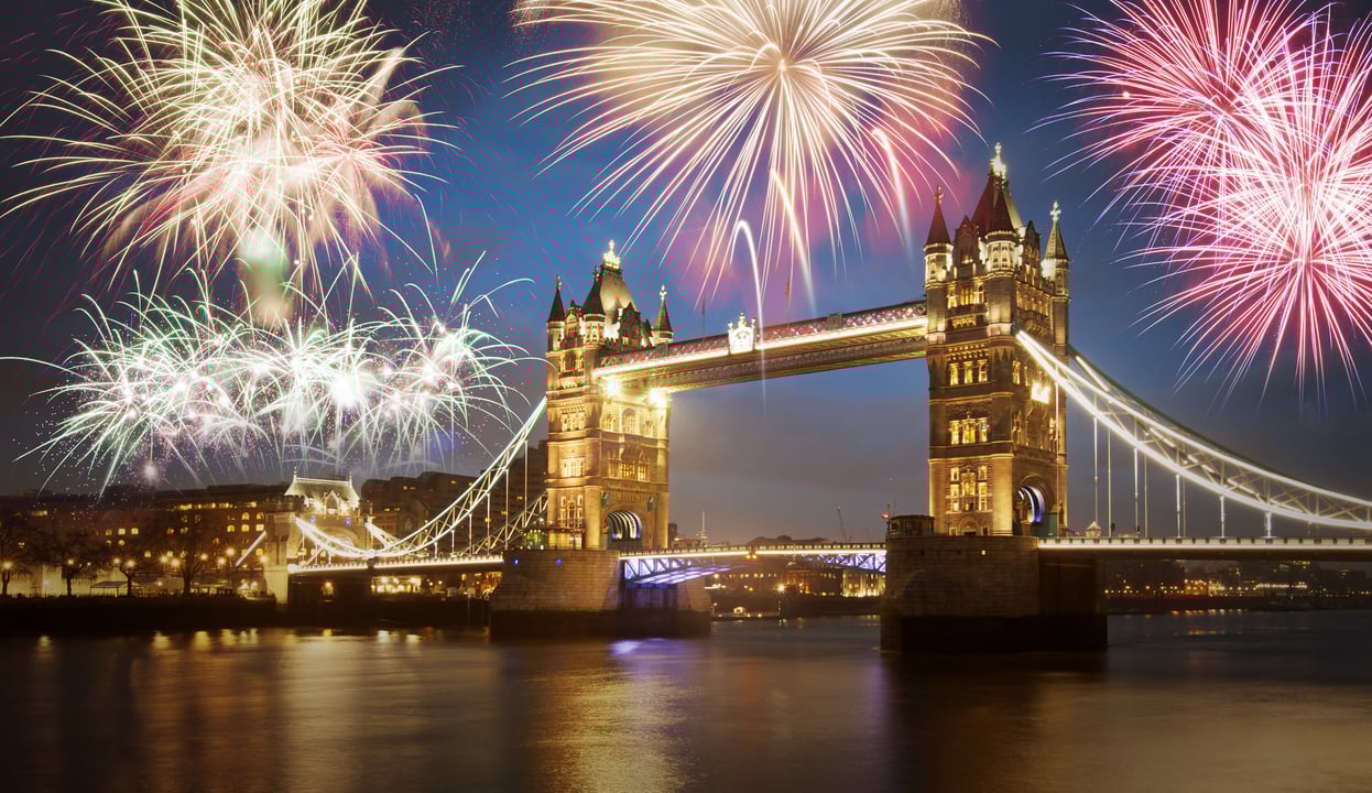 The famous Tower Bridge firework display in London to celebrate New Year’s Eve