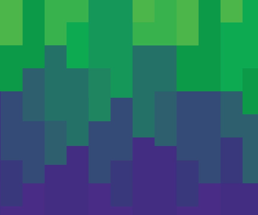 Abstract geometric pattern featuring rectangular blocks in varying shades of light green, dark green, teal, blue, and deep purple, evoking a low carbon design theme.