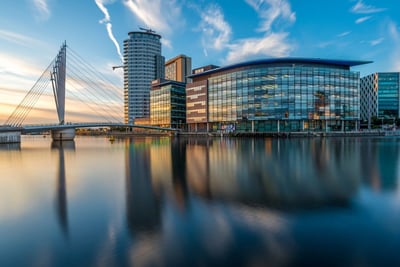 MediaCityUK at sunset, featuring the Lowry Bridge, modern glass buildings, and their reflections on the tranquil waters of Salford Quays in Manchester.